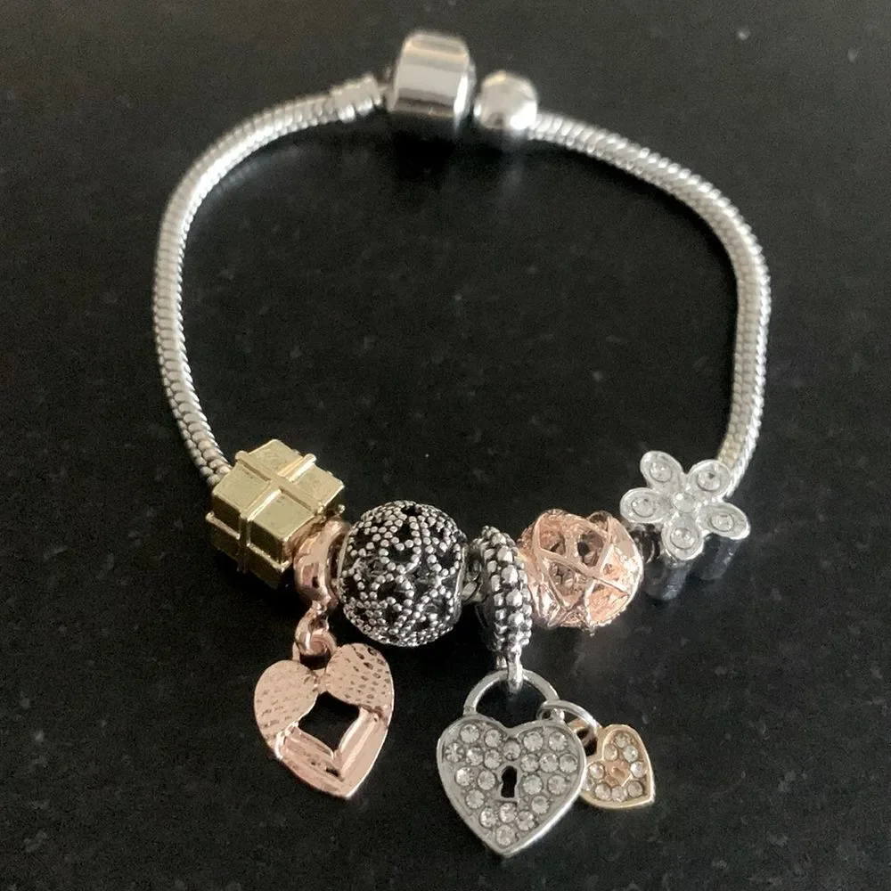 Mixed Metal Tone Charm Bracelet with Heart, Flower & Bead Charms